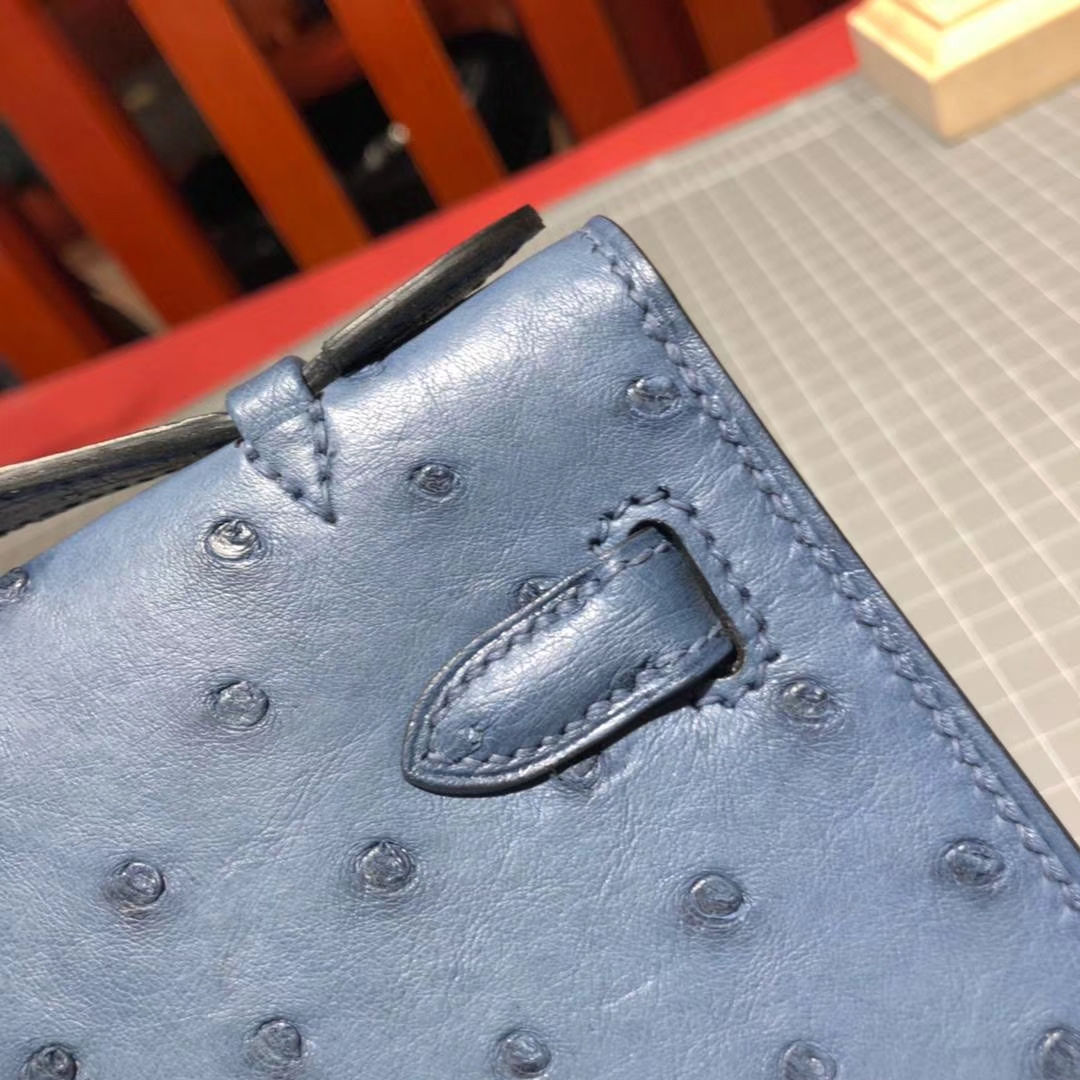 爱马仕晚宴手包 Hermes顶级鸵鸟皮Minikelly迷你凯莉包22cm 玛瑙蓝 金扣