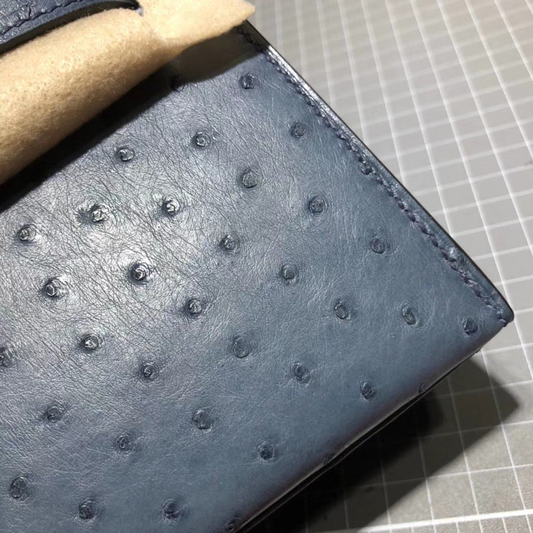 爱马仕Minikelly手包  Hermes风暴蓝顶级鸵鸟皮迷你凯莉包22cm 金扣