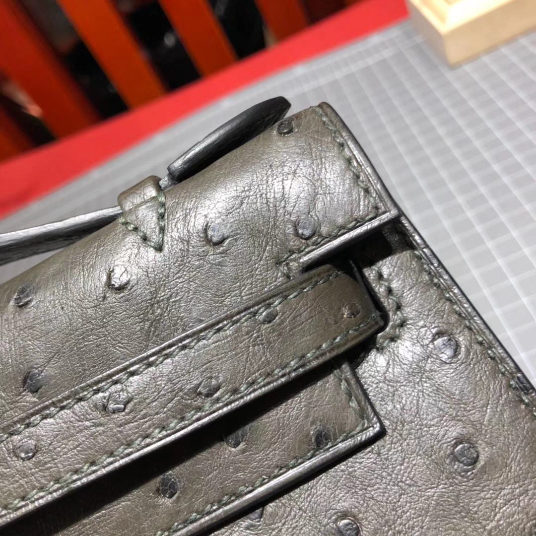 Hermes Minikelly22cm 爱马仕顶级鸵鸟皮迷你凯莉包晚宴包 铁灰色 金扣