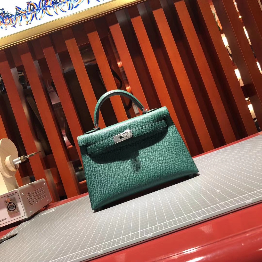 Hermes Minikelly2代 爱马仕原厂Epsom牛皮迷你凯莉包19CM 孔雀绿 银扣