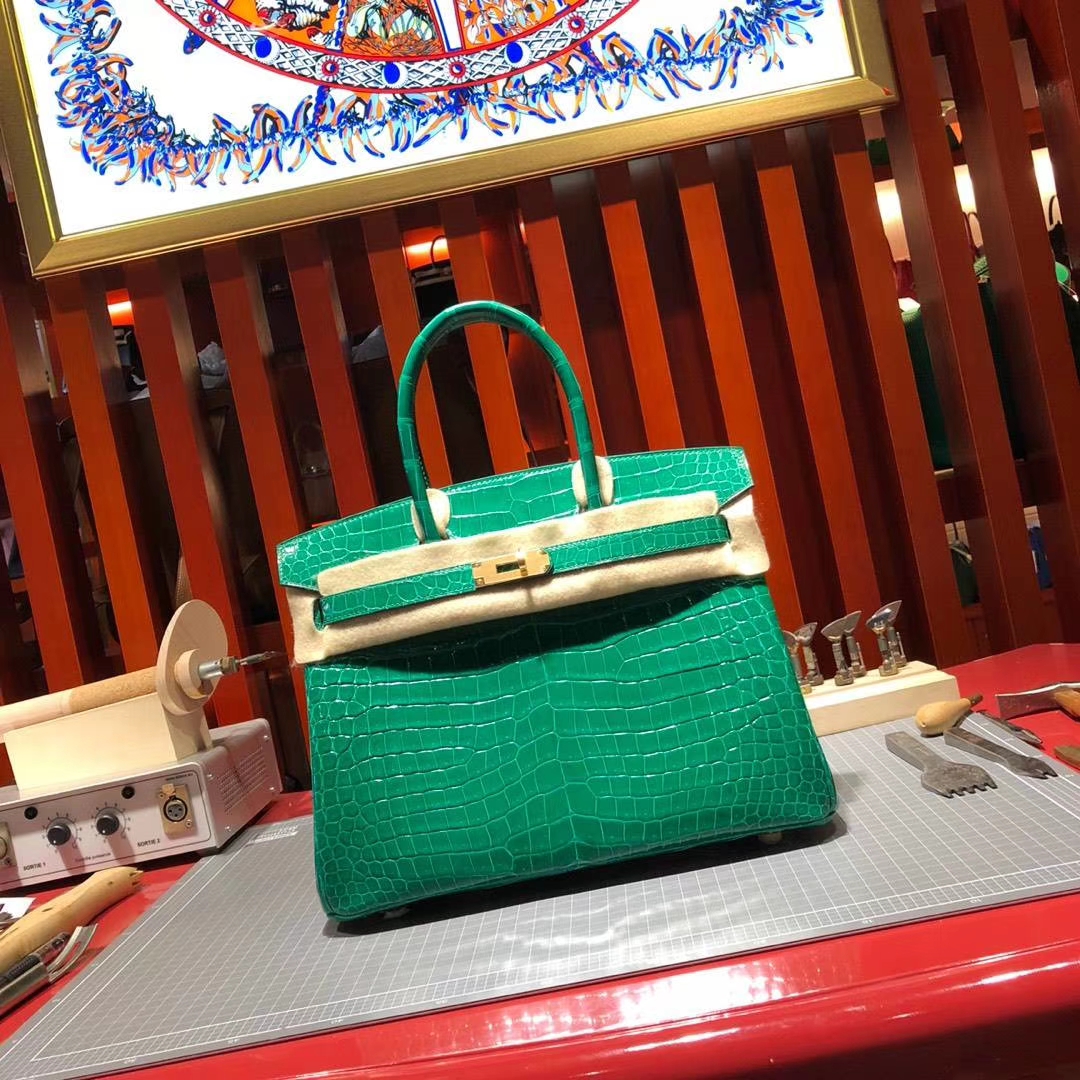 Hermes Birkin30CM 爱马仕6Q翡翠绿亮面倒V湾鳄鱼皮铂金包 金扣