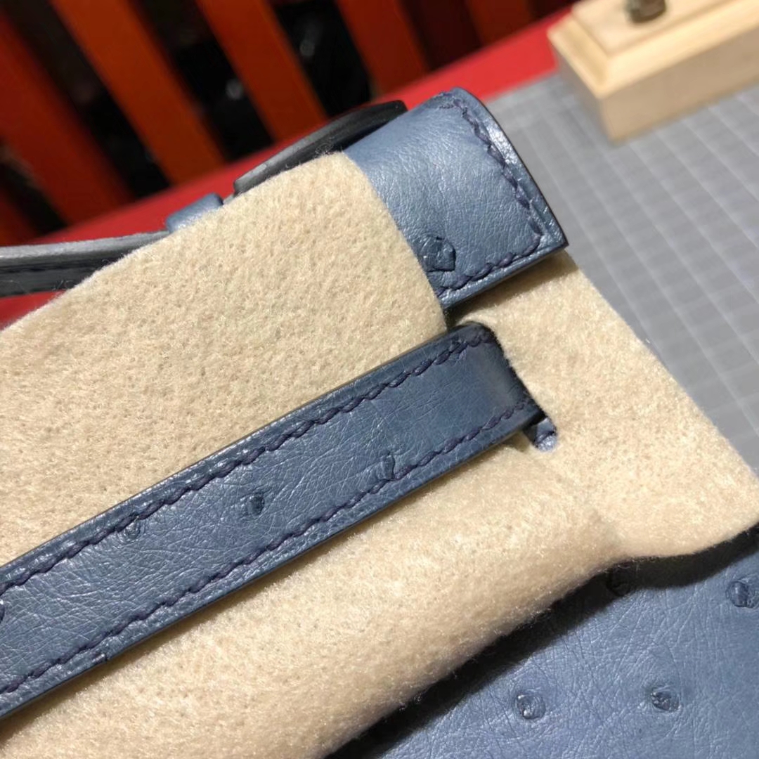 爱马仕Minikelly手包  Hermes风暴蓝顶级鸵鸟皮迷你凯莉包22cm 金扣
