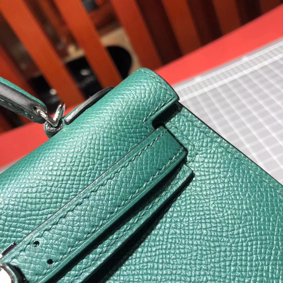 Hermes Minikelly2代 爱马仕原厂Epsom牛皮迷你凯莉包19CM 孔雀绿 银扣