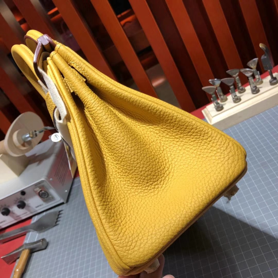 爱马仕Birkin包包 Hermes原厂Togo牛皮铂金包25CM 9D琥珀黄 银扣