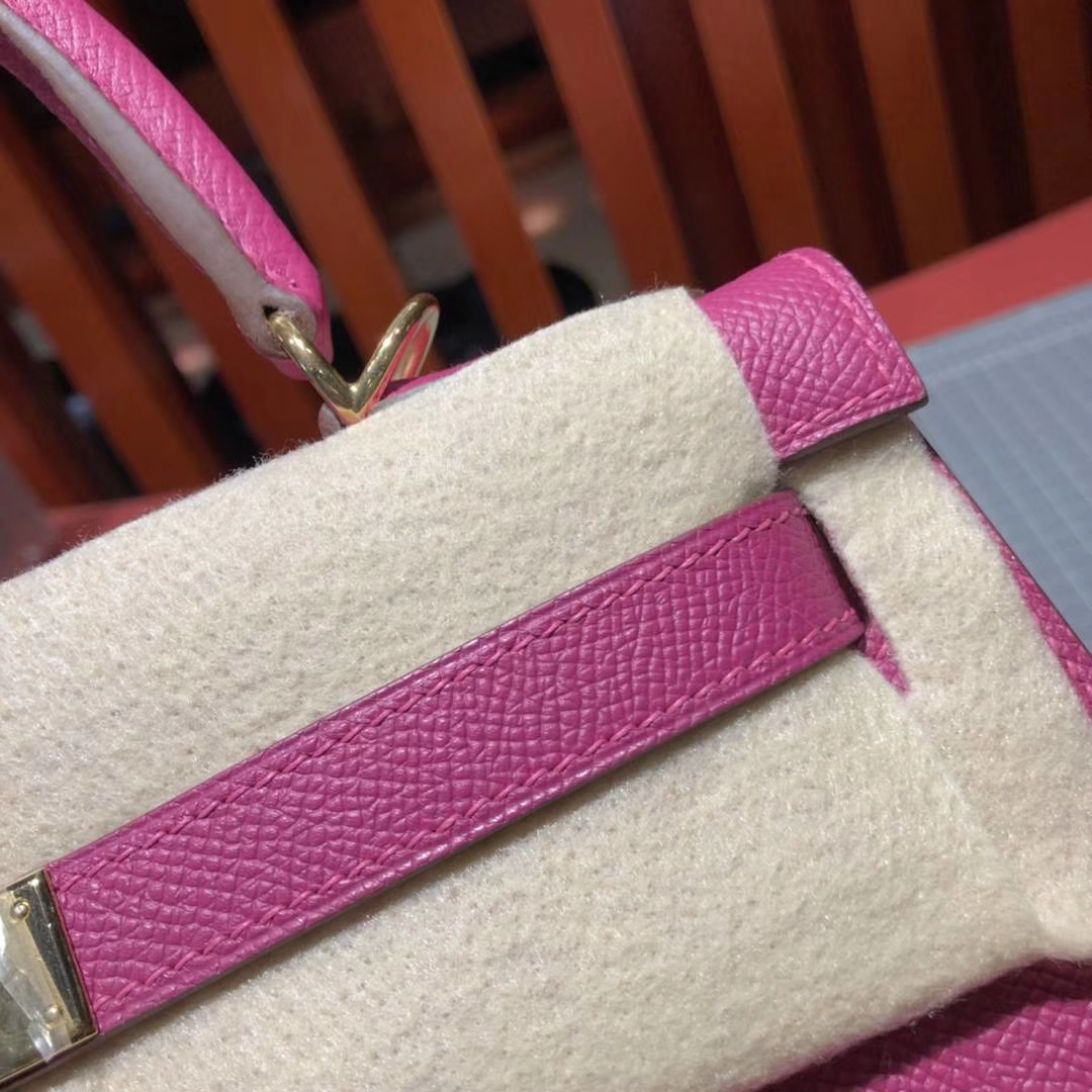 爱马仕Kelly包包 Hermes玫瑰紫原厂Epsom牛皮凯莉包Kelly28CM 金扣
