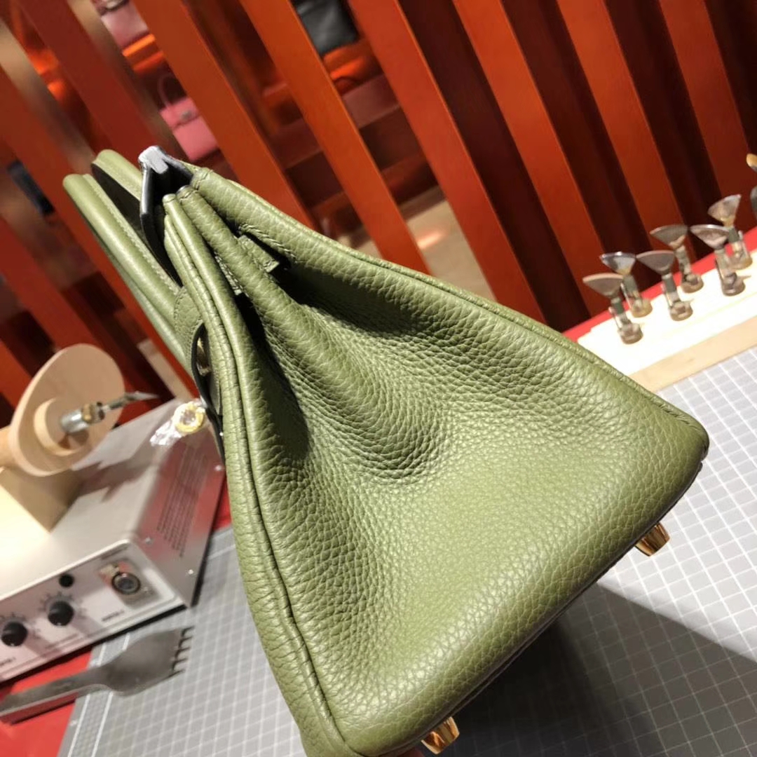 爱马仕Birkin女包 Hermes原厂Togo牛皮铂金包25CM V6丛林绿 金扣