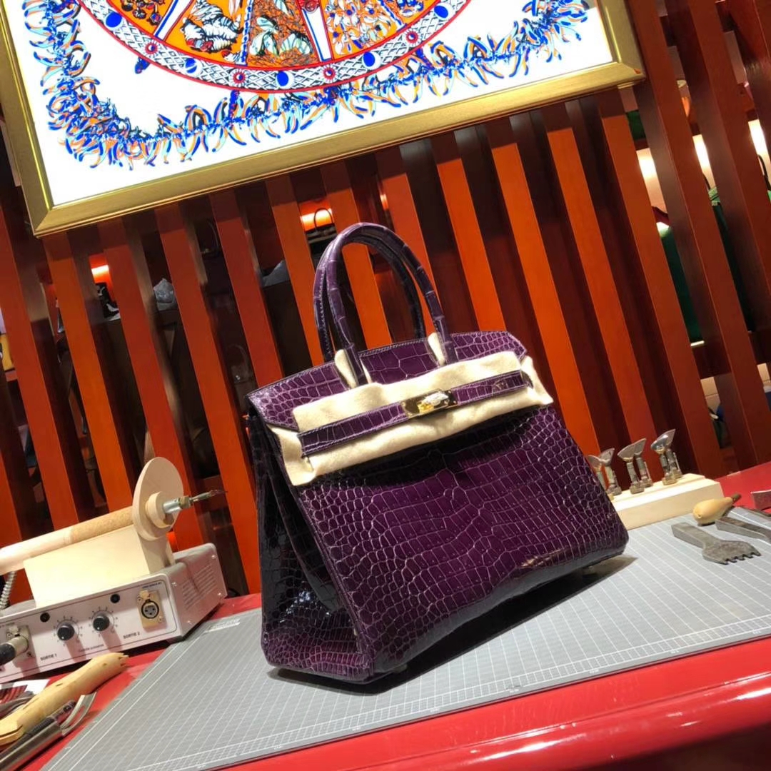 爱马仕Birkin30铂金包 Hermes亮面倒V湾鳄鱼皮 3W葡萄紫 金扣