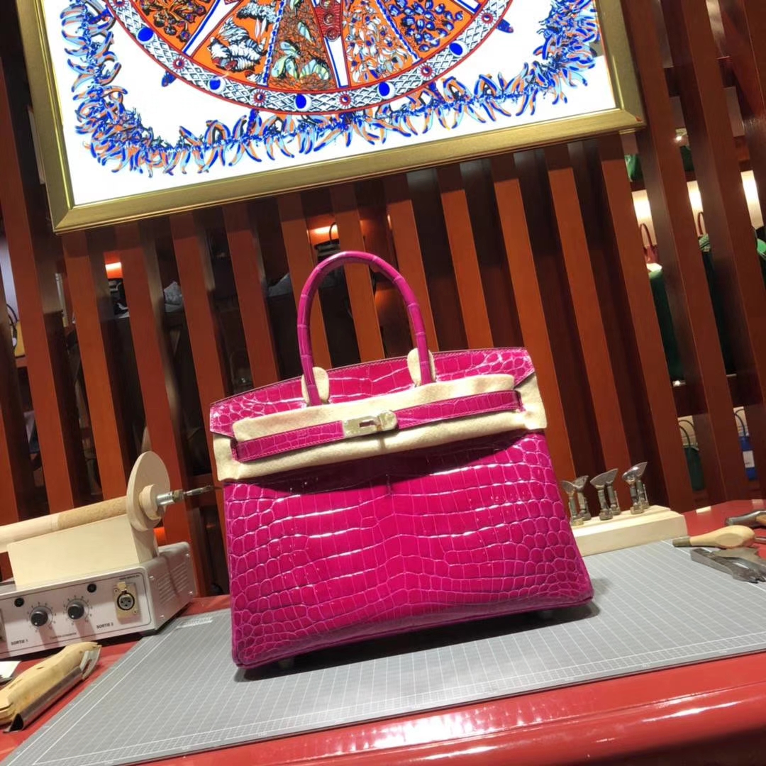 爱马仕铂金包尺寸 Hermes亮面尼罗鳄鱼皮Birkin女包J5天方夜谭粉紫30CM 金扣