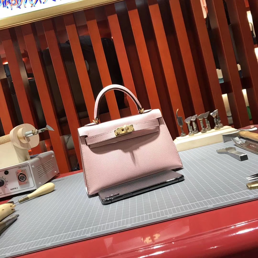 爱马仕迷你凯莉包2代 Hermes Minikelly-2 3Q粉色Epsom牛皮 金扣