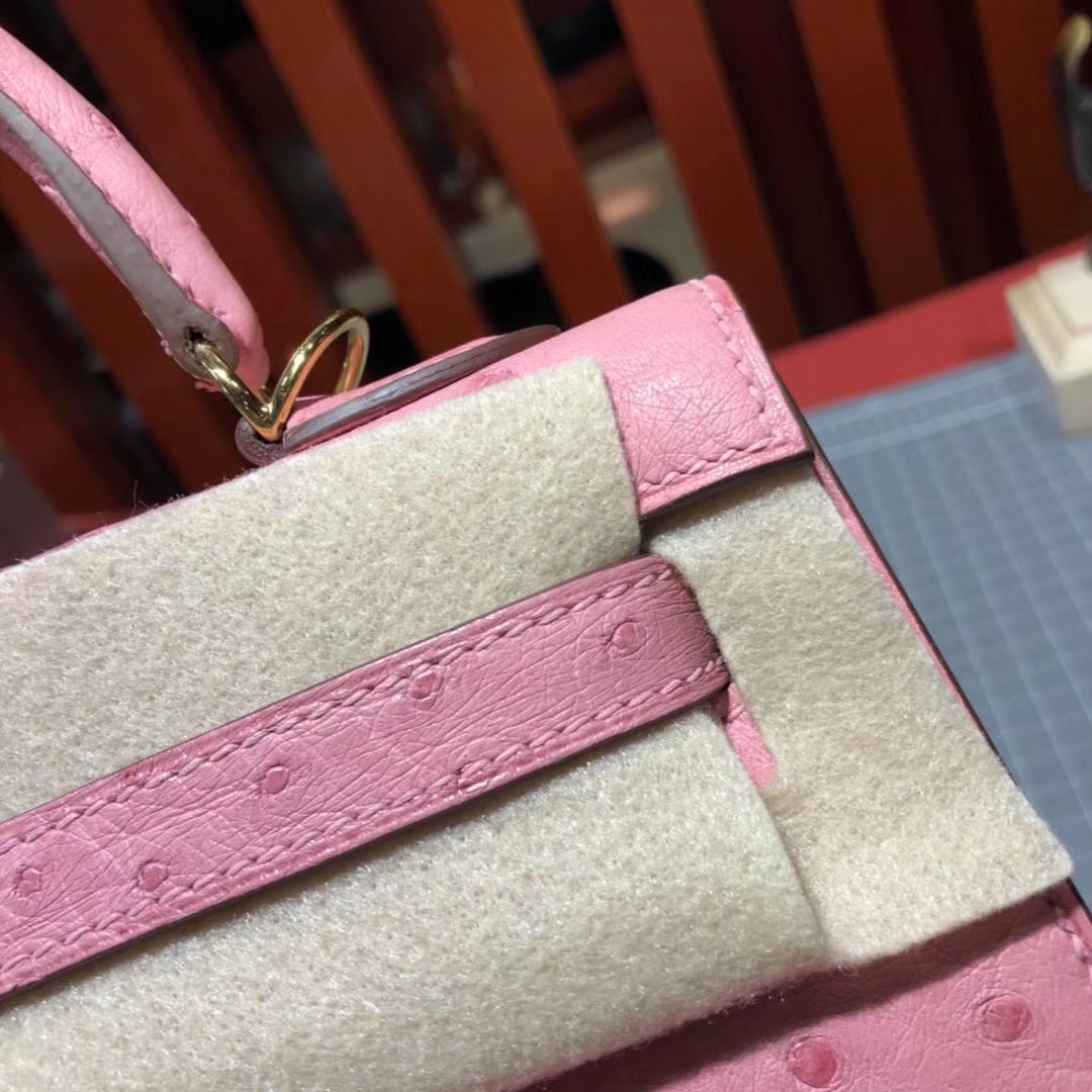 Hermes Kelly25CM 爱马仕陶瓷粉顶级鸵鸟皮凯莉包 金扣