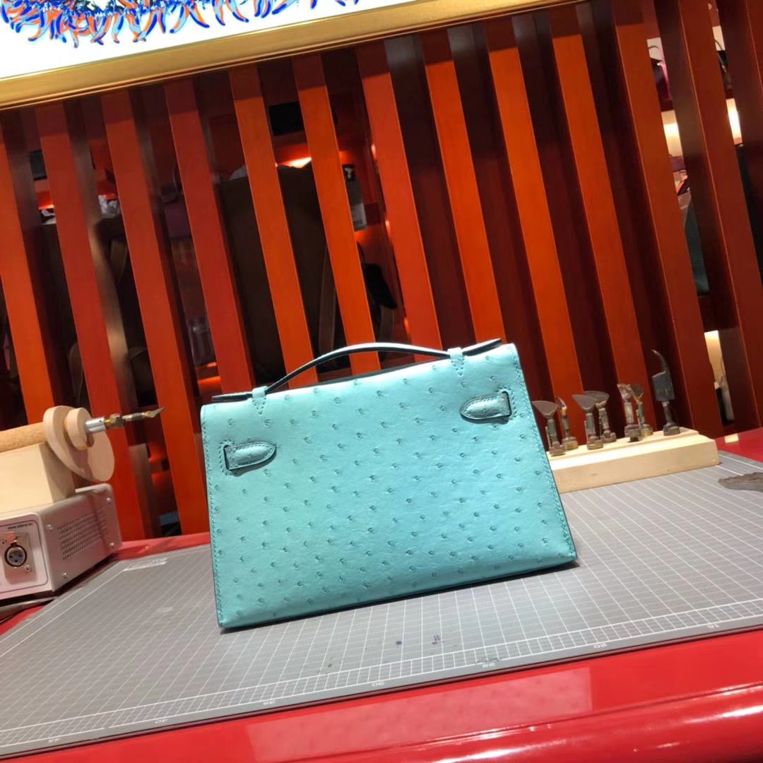 顶级工艺 Hermes爱马仕原厂鸵鸟皮Minikelly迷你凯莉包22cm 3P马卡龙蓝 金扣