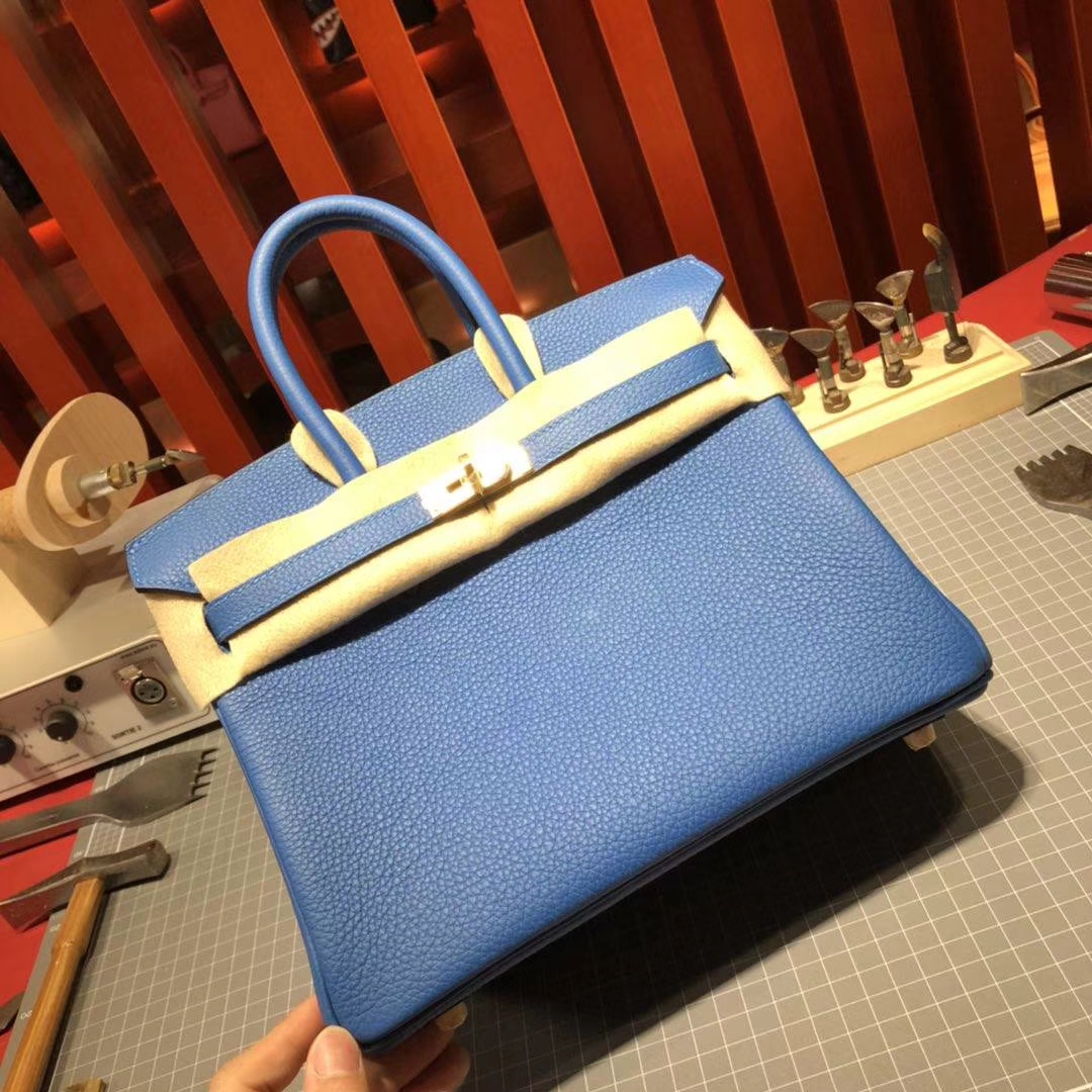 爱马仕经典女包 Hermes Birkin25CM 水妖蓝T7荔枝纹牛皮铂金包 银扣