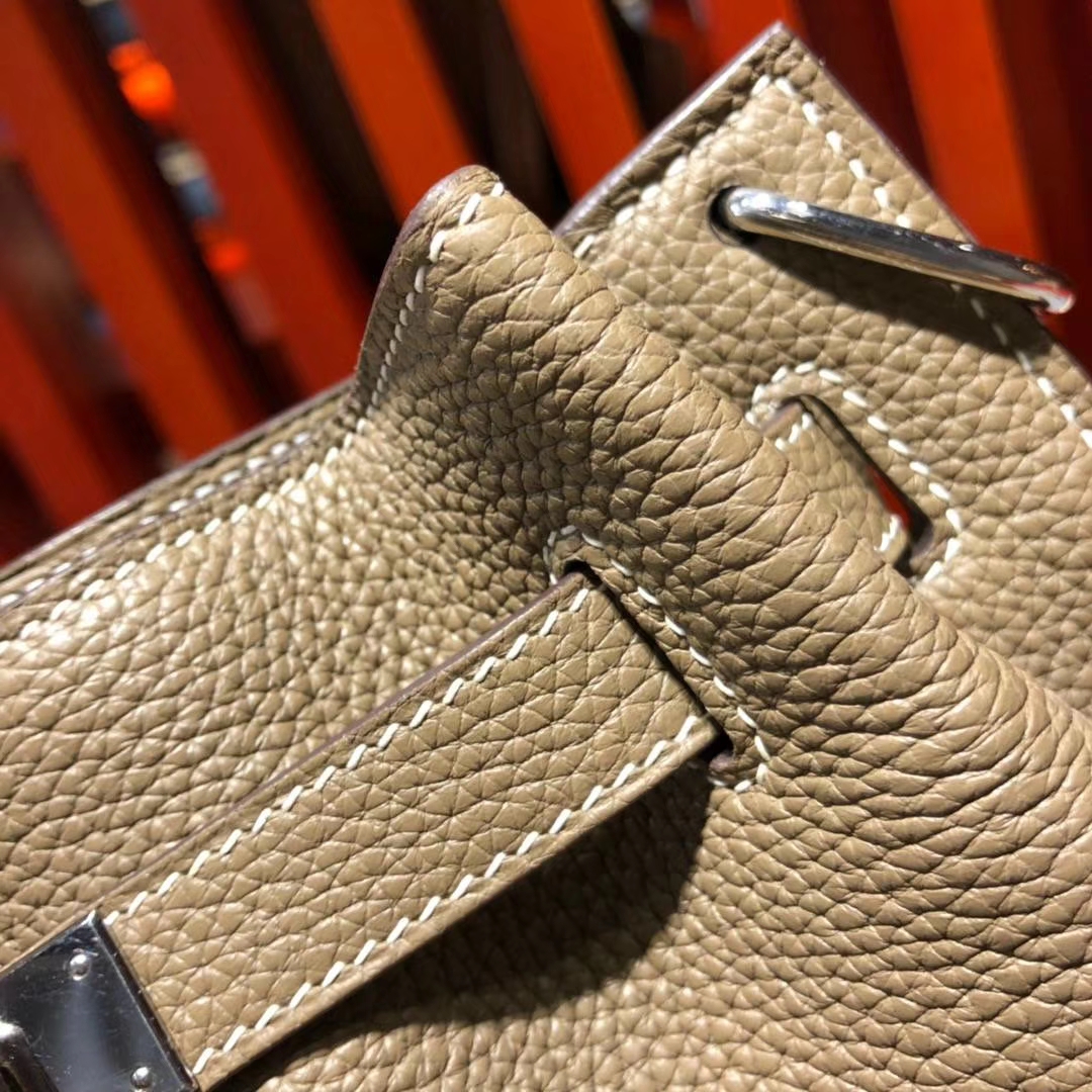 爱马仕新款女包 Hermes So Kelly水桶包 大象灰顶级TC牛皮单肩包 银扣