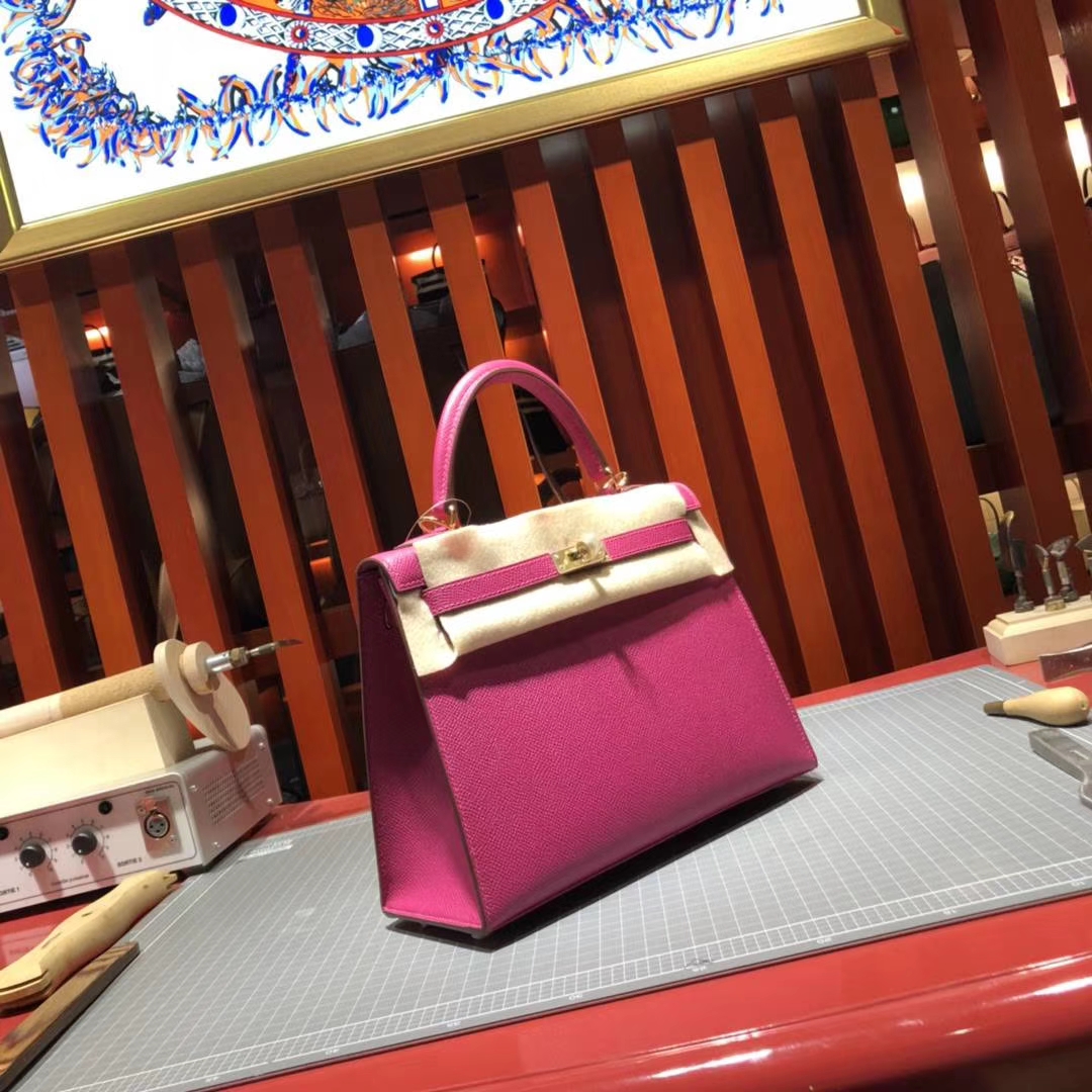 厂家直销 Hermes爱马仕玫瑰紫原厂Epsom牛皮凯莉包Kelly25CM 金扣