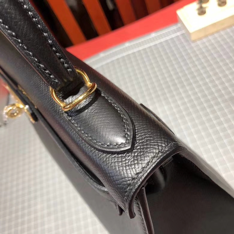 爱马仕新款凯莉包 Hermes Kelly28cm 89黑色Epsom皮配限量款肩带