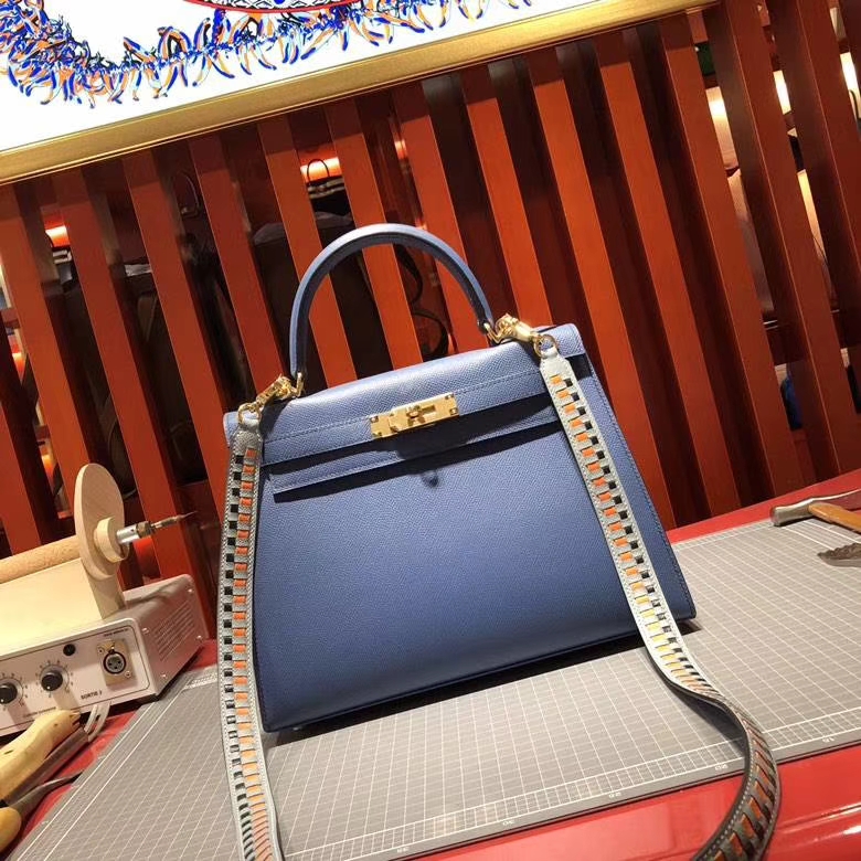 爱马仕凯莉包价格 Hermes Kelly28cm R2玛瑙蓝epsom牛皮 配限量款编织肩带
