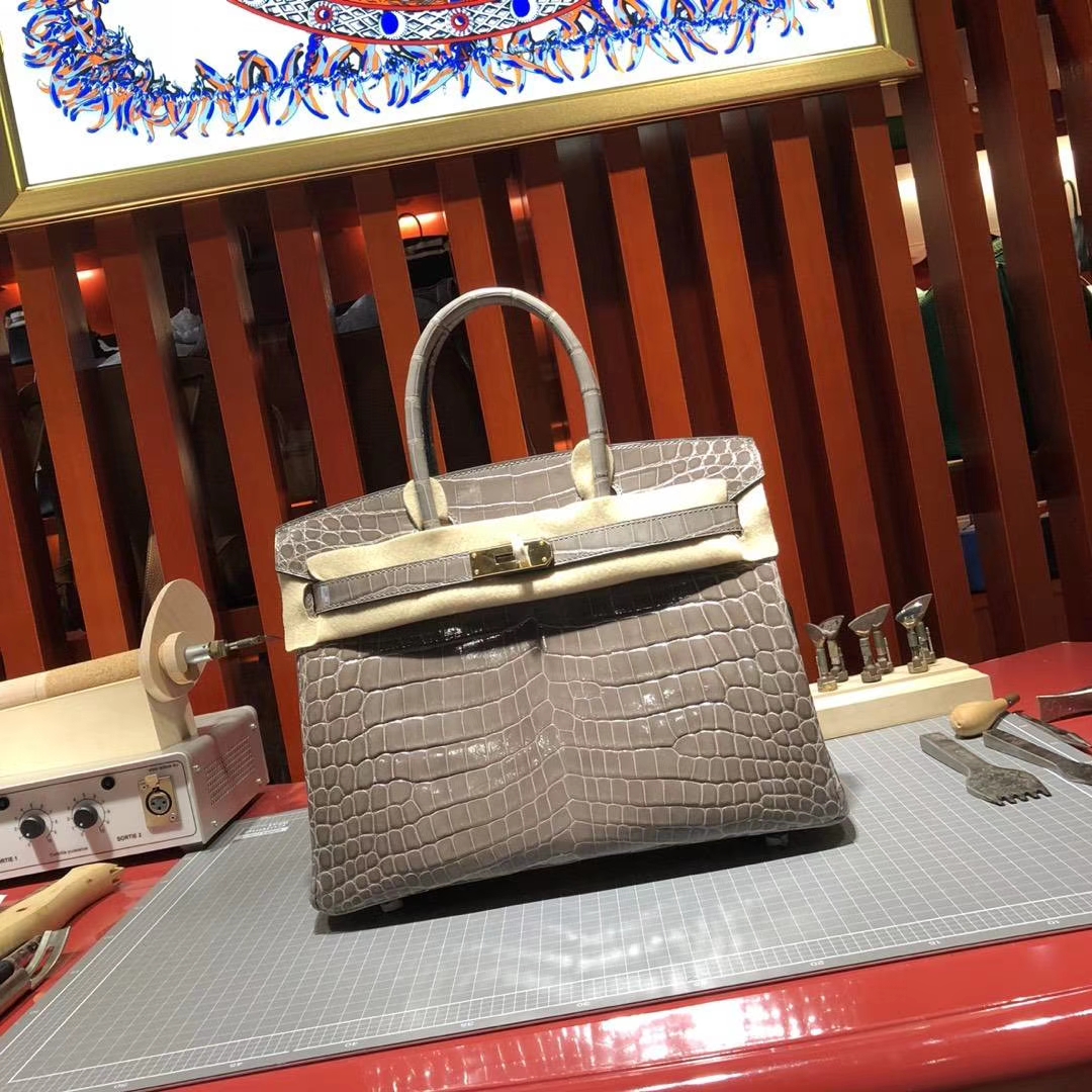 爱马仕Birkin女包 Hermes御用尼罗鳄鱼皮铂金包Birkin30CM 81斑鸠灰 金扣