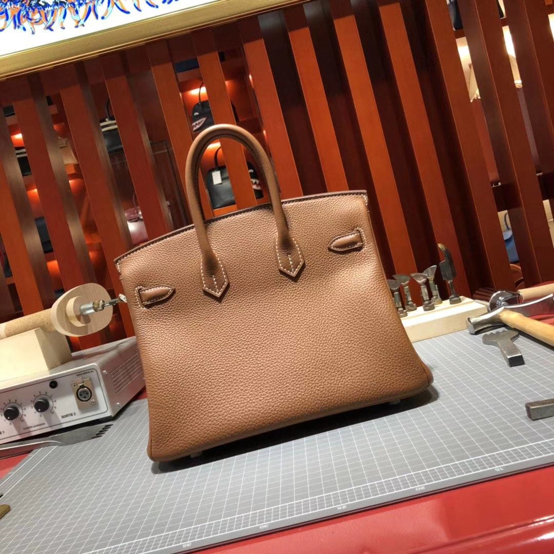 Hermes包包官网 爱马仕铂金包金棕色37 Gold Togo牛皮Birkin25CM 银扣