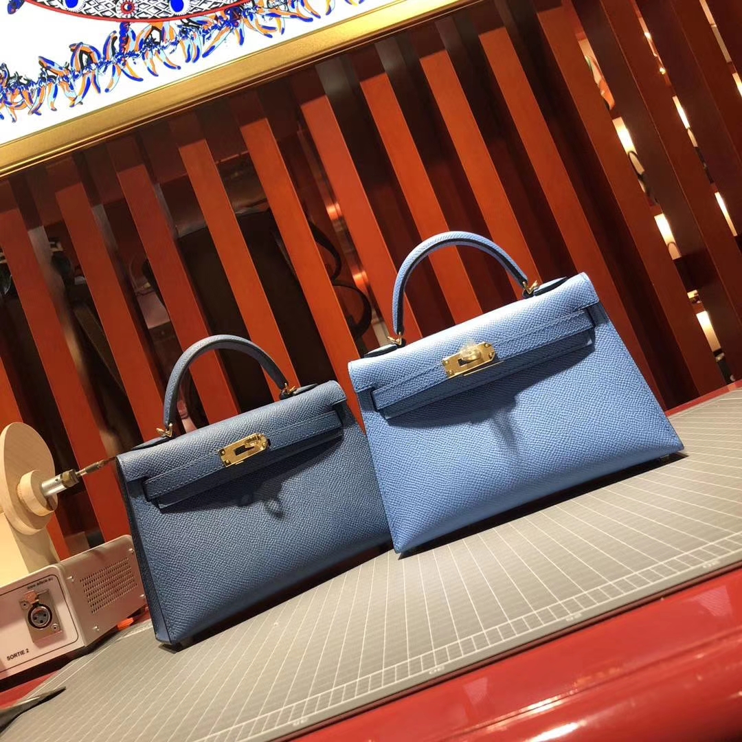 Hermes Minikelly2代 爱马仕玛瑙蓝顶级掌纹牛皮迷你凯莉包2代 金扣