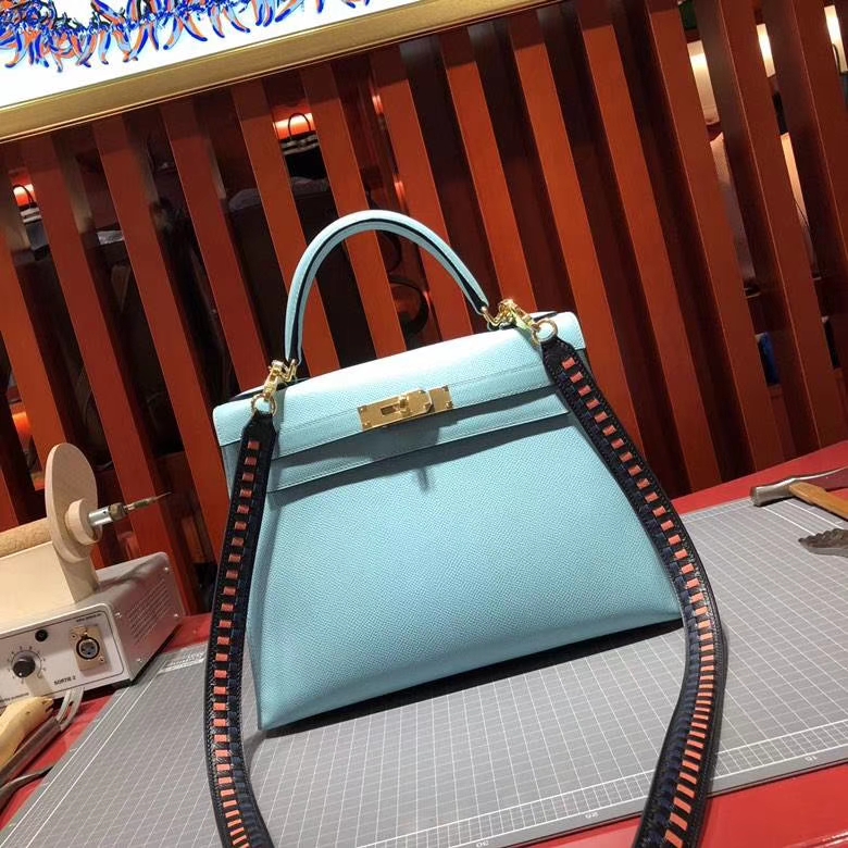 爱马仕Kelly女包 Hermes 3P马卡龙蓝epsom牛皮凯莉包 配Tressage Cuir肩带