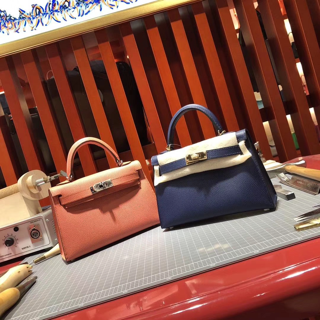 Hermes爱马仕宝石蓝原厂Epsom牛皮Minikelly迷你凯莉包2代 金扣