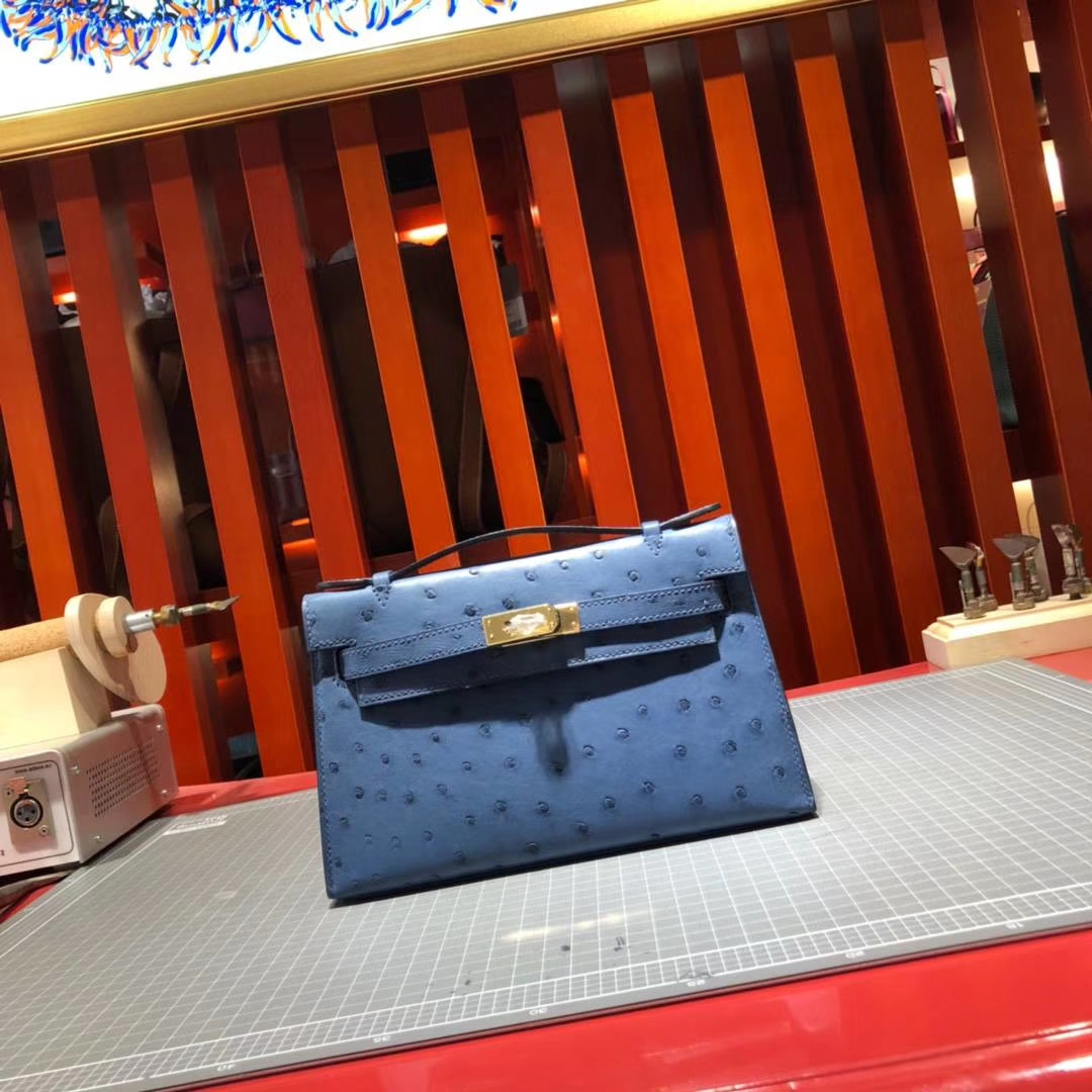 爱马仕晚宴手包 Hermes顶级鸵鸟皮Minikelly迷你凯莉包22cm 玛瑙蓝 金扣