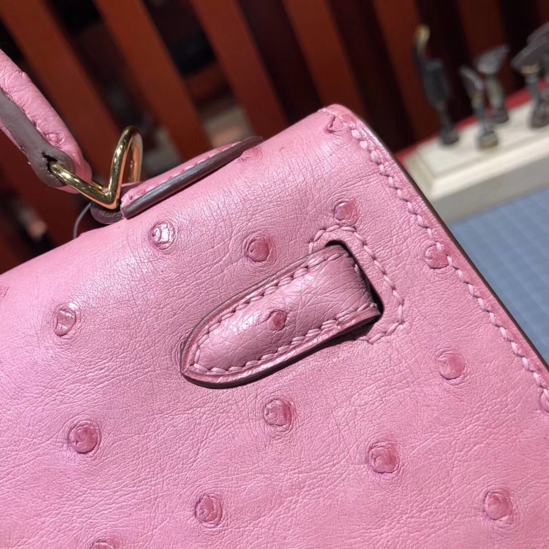 Hermes Kelly25CM 爱马仕陶瓷粉顶级鸵鸟皮凯莉包 金扣