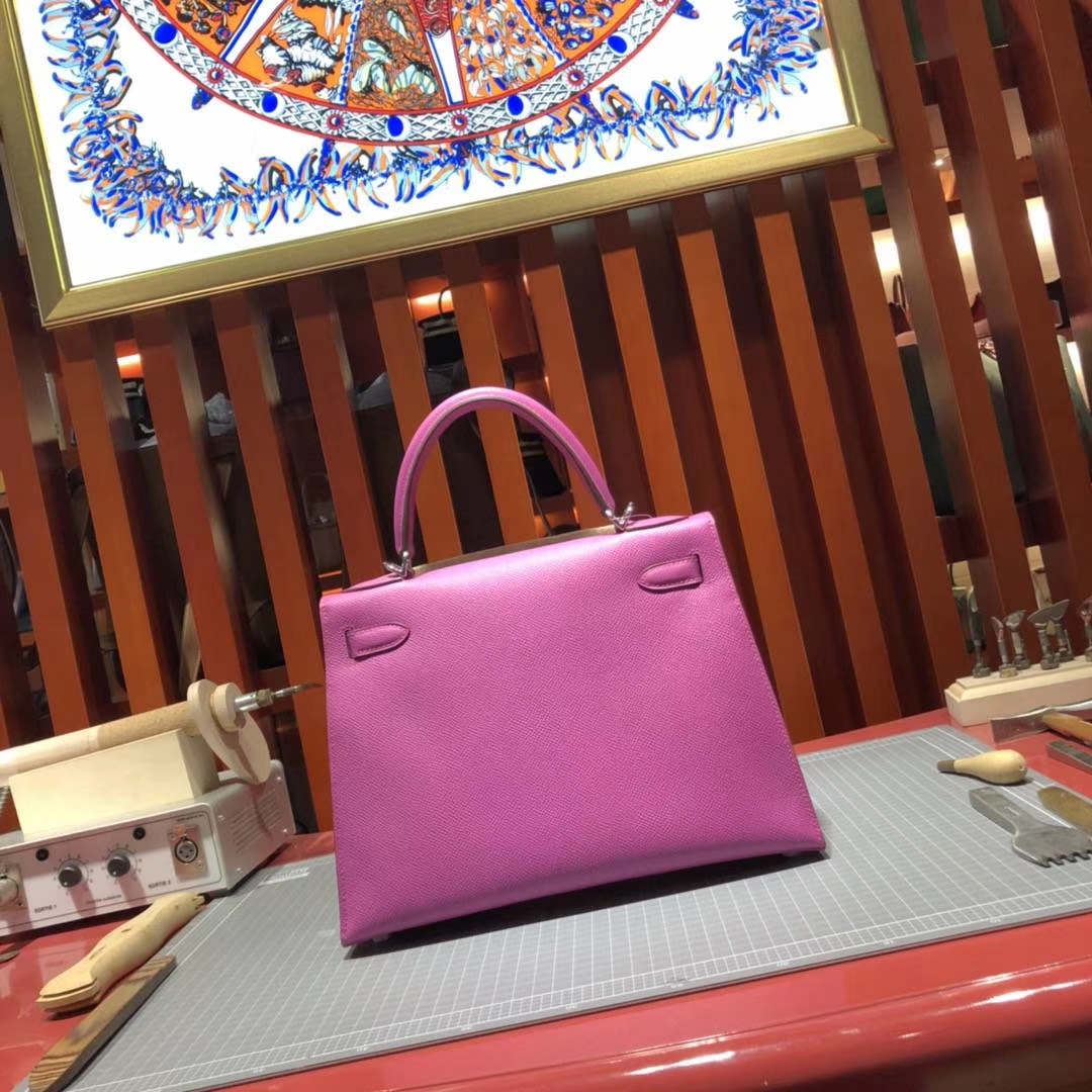 Hermes Kelly28CM 爱马仕玉兰紫原厂Epsom牛皮凯莉包 银扣