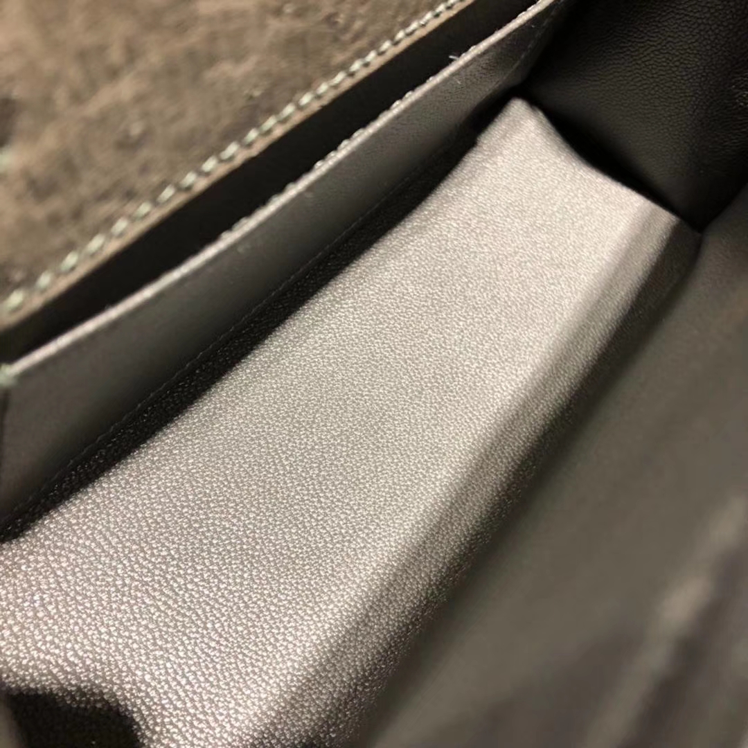 Hermes Minikelly22cm 爱马仕顶级鸵鸟皮迷你凯莉包晚宴包 铁灰色 金扣
