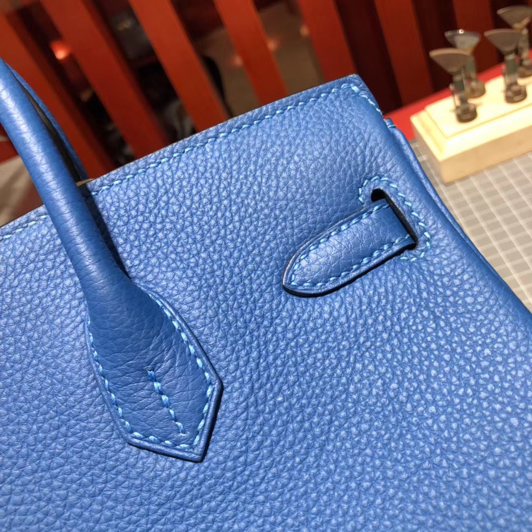 爱马仕经典女包 Hermes Birkin25CM 水妖蓝T7荔枝纹牛皮铂金包 银扣