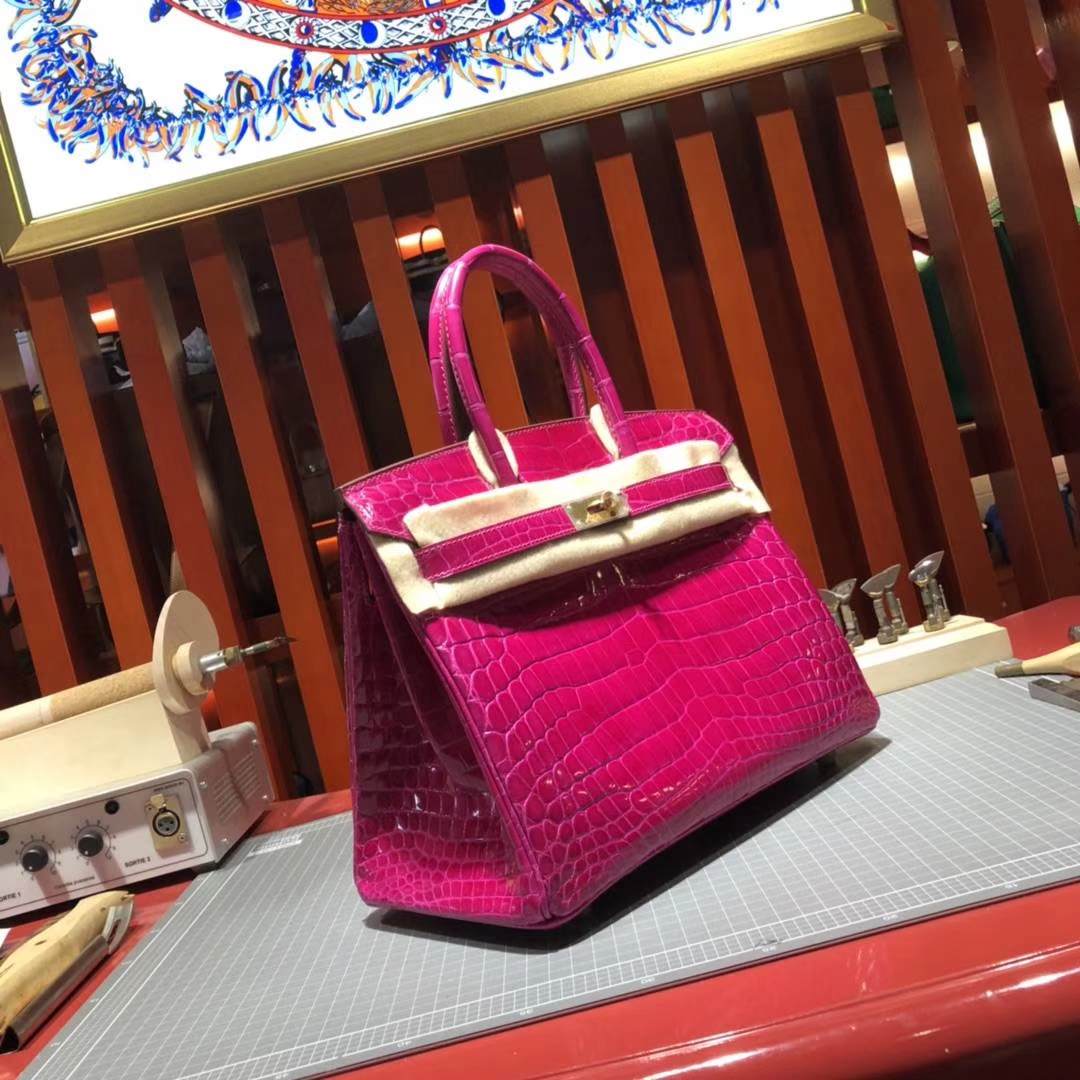 爱马仕铂金包尺寸 Hermes亮面尼罗鳄鱼皮Birkin女包J5天方夜谭粉紫30CM 金扣