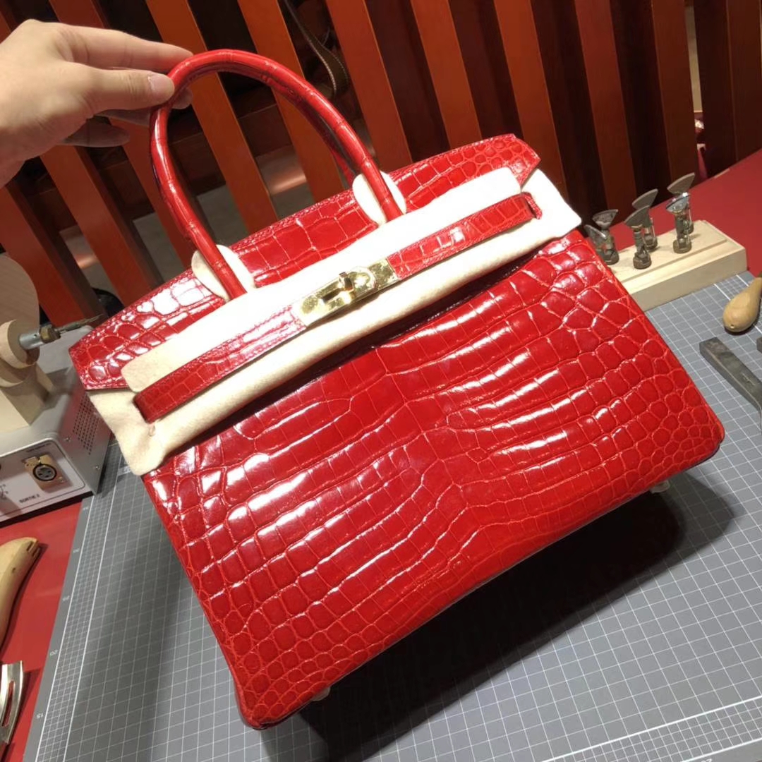 Hermes Birkin30CM 爱马仕95法拉利红亮面尼罗鳄鱼皮铂金包 金扣