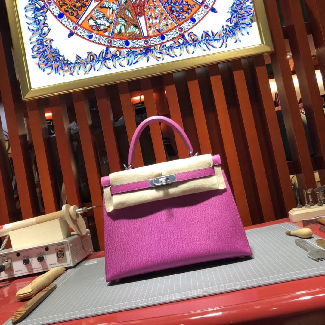 Hermes Kelly28CM 爱马仕玉兰紫原厂Epsom牛皮凯莉包 银扣