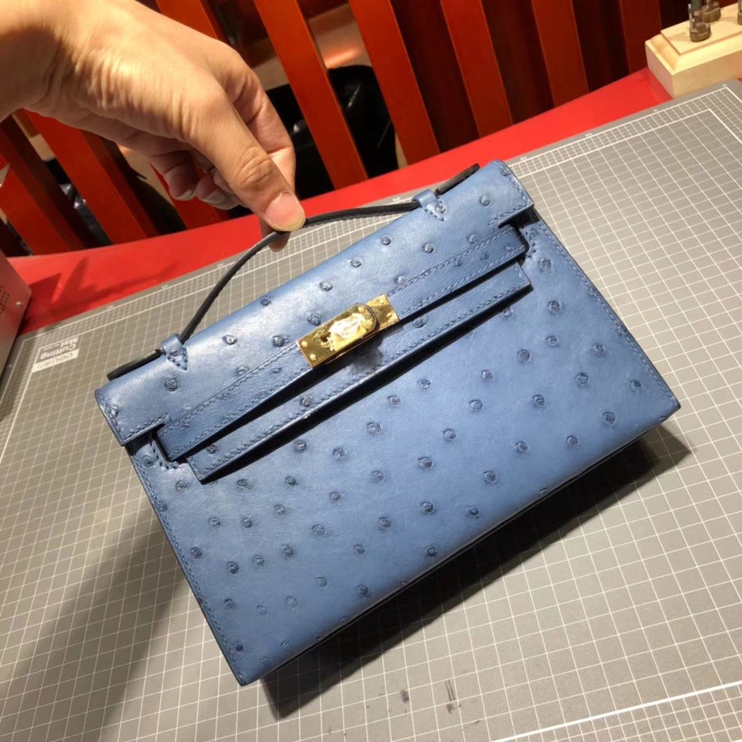 爱马仕晚宴手包 Hermes顶级鸵鸟皮Minikelly迷你凯莉包22cm 玛瑙蓝 金扣