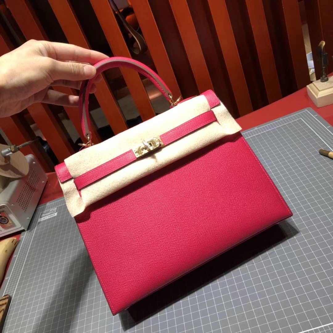 爱马仕Kelly包包 Hermes极度粉顶级Epsom牛皮凯莉包Kelly25CM 金扣