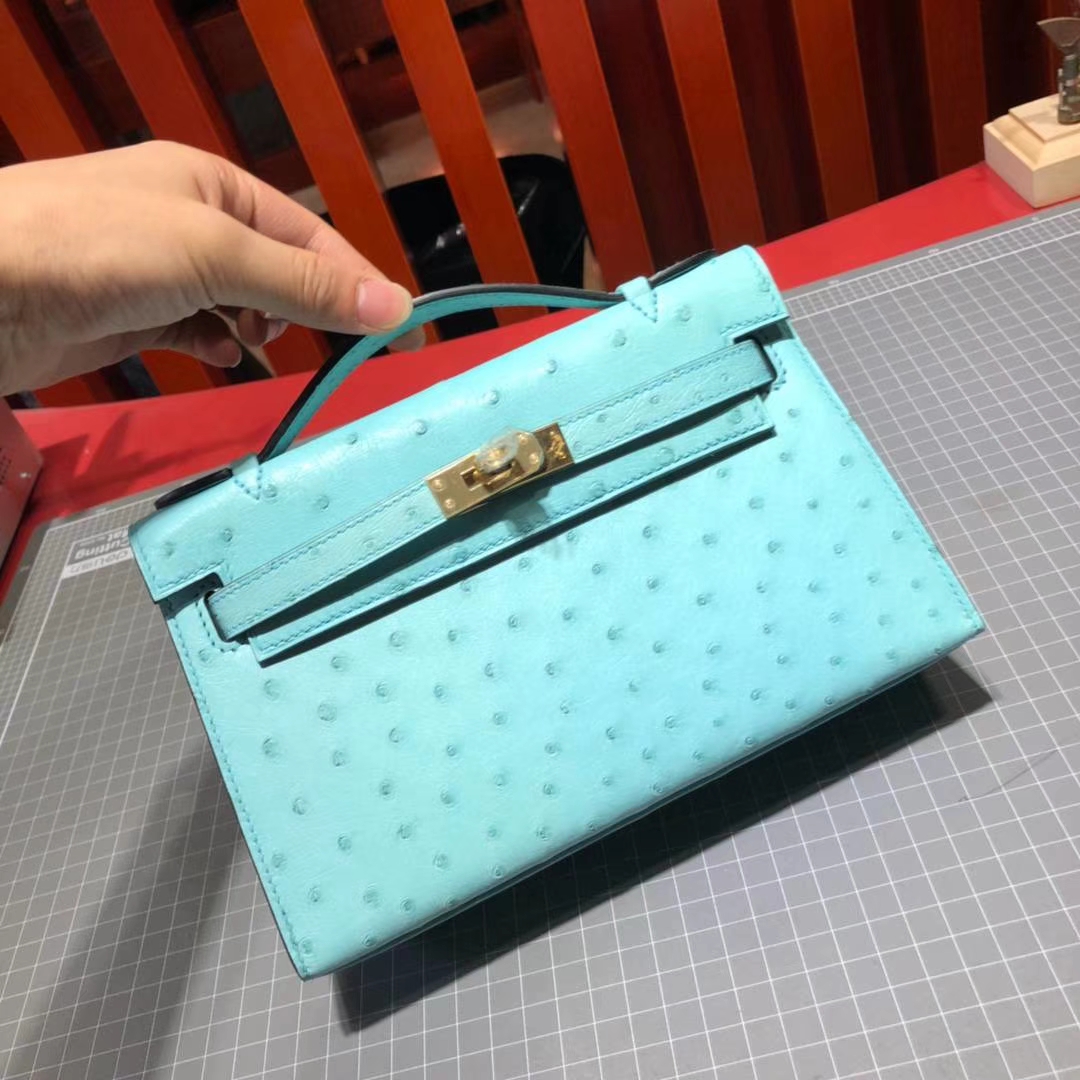 顶级工艺 Hermes爱马仕原厂鸵鸟皮Minikelly迷你凯莉包22cm 3P马卡龙蓝 金扣