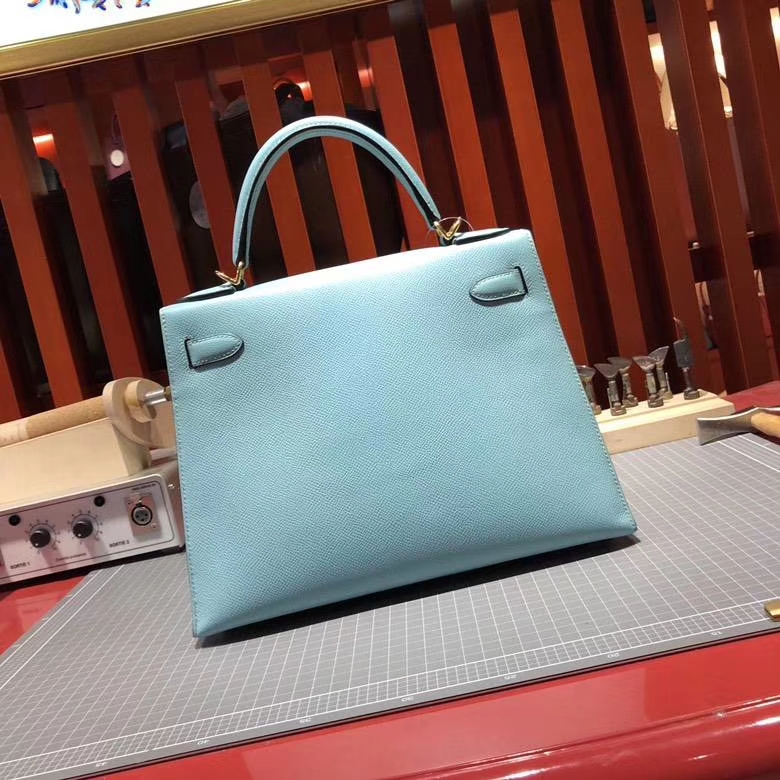 爱马仕Kelly女包 Hermes 3P马卡龙蓝epsom牛皮凯莉包 配Tressage Cuir肩带