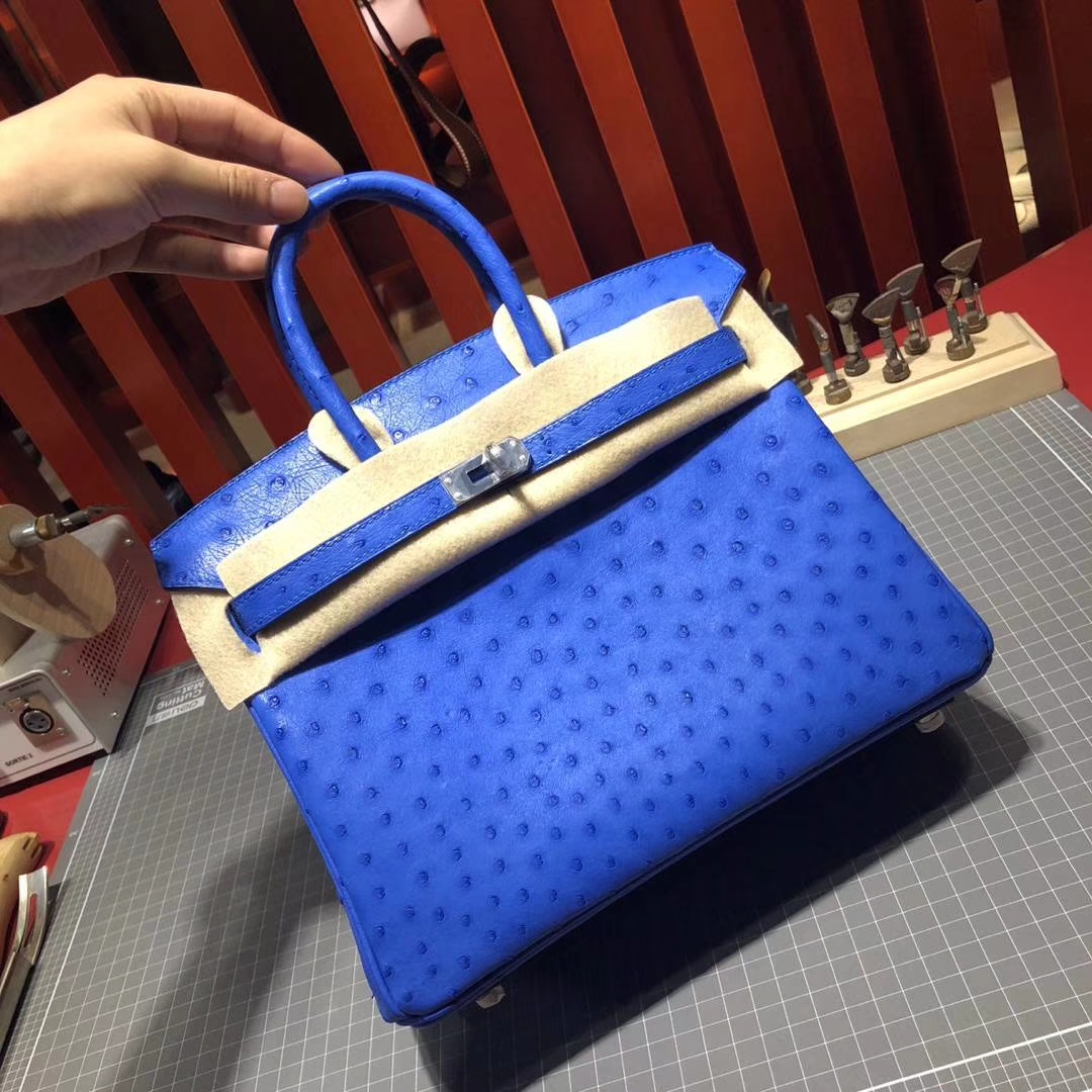 爱马仕Birkin女包 Hermes希腊蓝顶级KK鸵鸟皮铂金包Birkin25CM 银扣