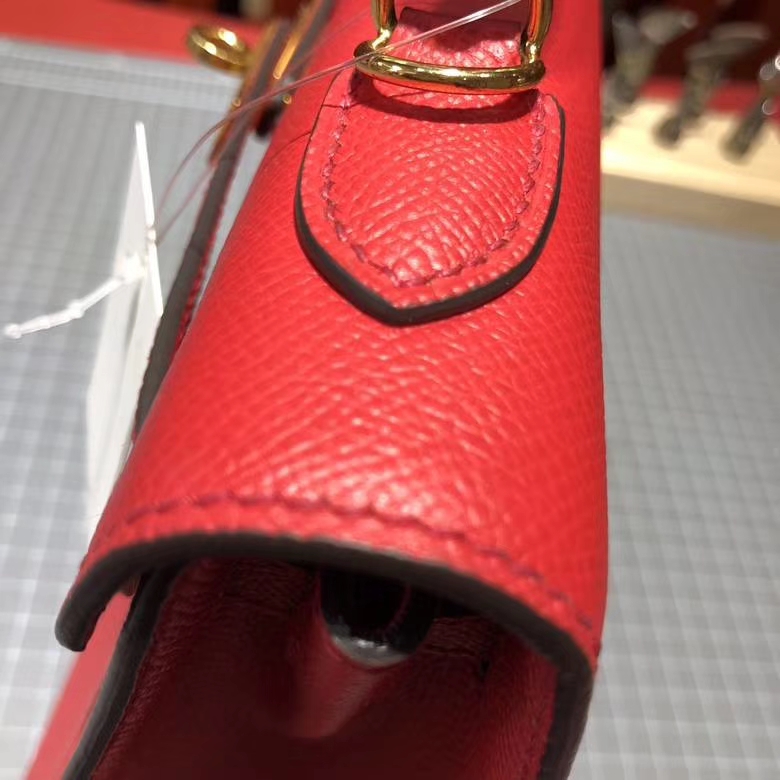爱马仕凯莉包 Hermes Kelly25CM Q5国旗红Epsom皮 配新款Tressage Cuir肩带