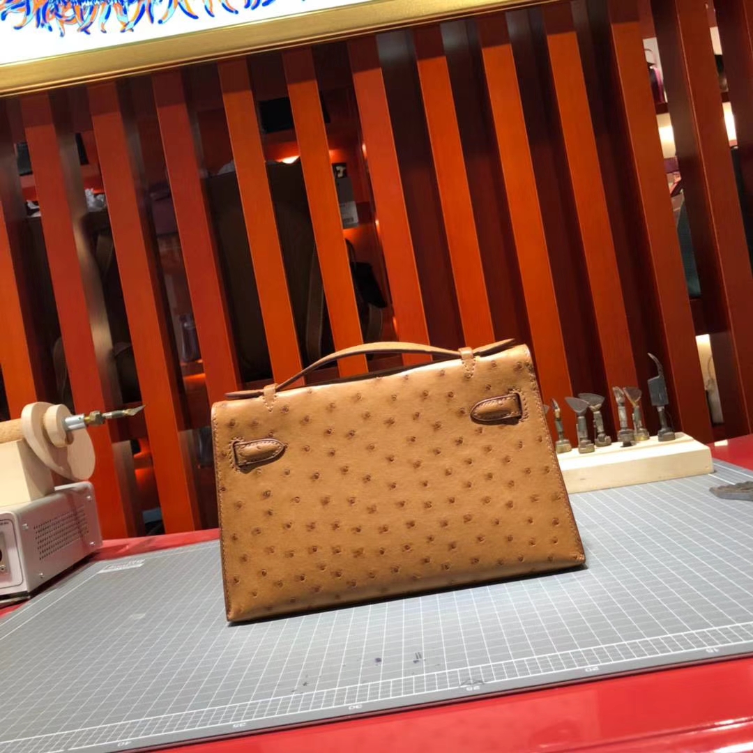 爱马仕包包官网 Hermes Minikelly Pochette 太阳黄顶级鸵鸟皮迷你凯莉包 金扣