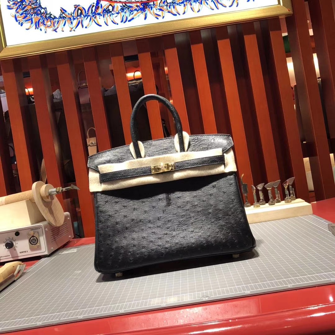 爱马仕铂金包价格 Hermes Birkin25CM 黑色KK鸵鸟皮 金扣