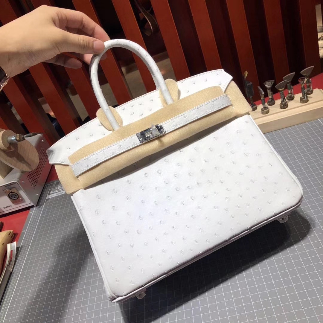 Hermes Birkin25CM 爱马仕纯白色顶级KK鸵鸟皮铂金包 银扣