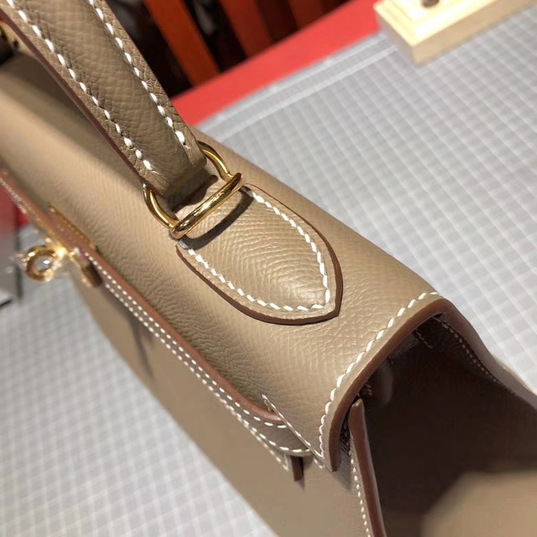 Hermes Kelly28cm 爱马仕18大象灰掌纹牛皮新款编织肩带凯莉包 金扣