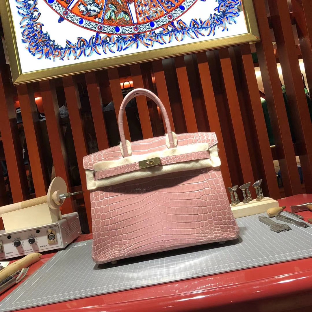爱马仕Birkin女包 Hermes樱花粉御用尼罗鳄鱼皮Birkin30铂金包 金扣