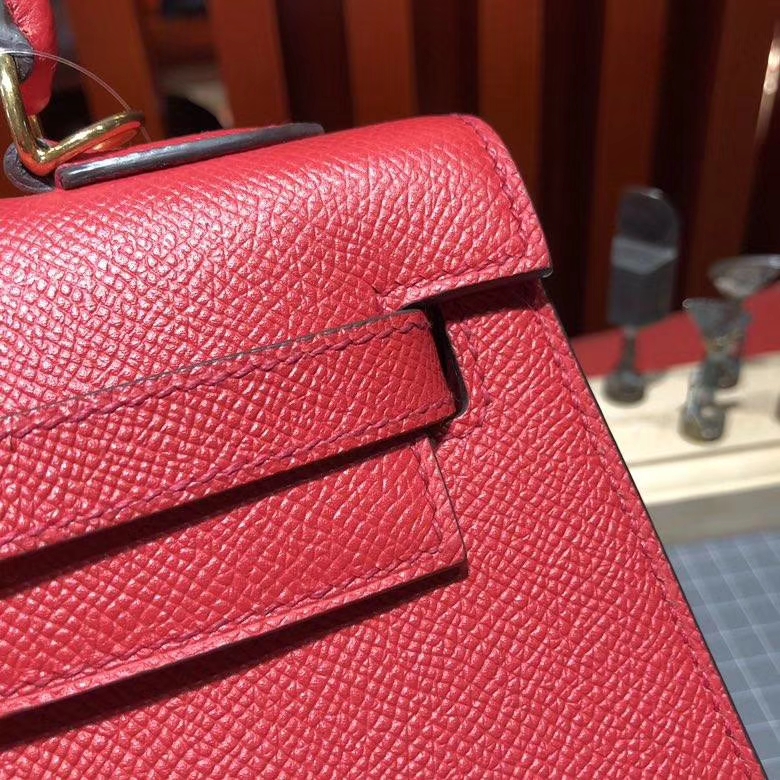 爱马仕凯莉包 Hermes Kelly25CM Q5国旗红Epsom皮 配新款Tressage Cuir肩带