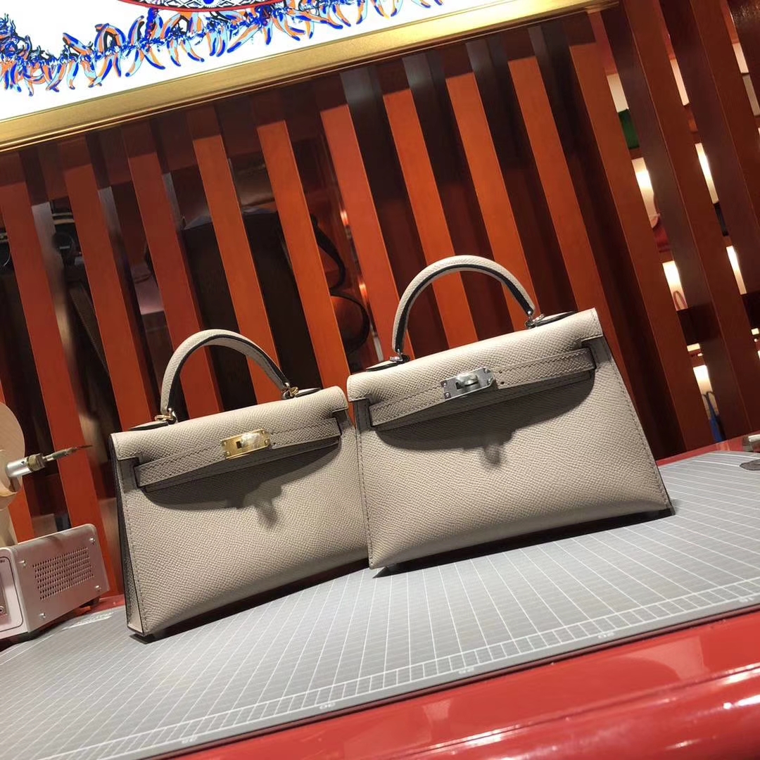 Hermes Minikelly2代 爱马仕沥青灰原厂掌纹牛皮迷你凯莉包19cm 银扣