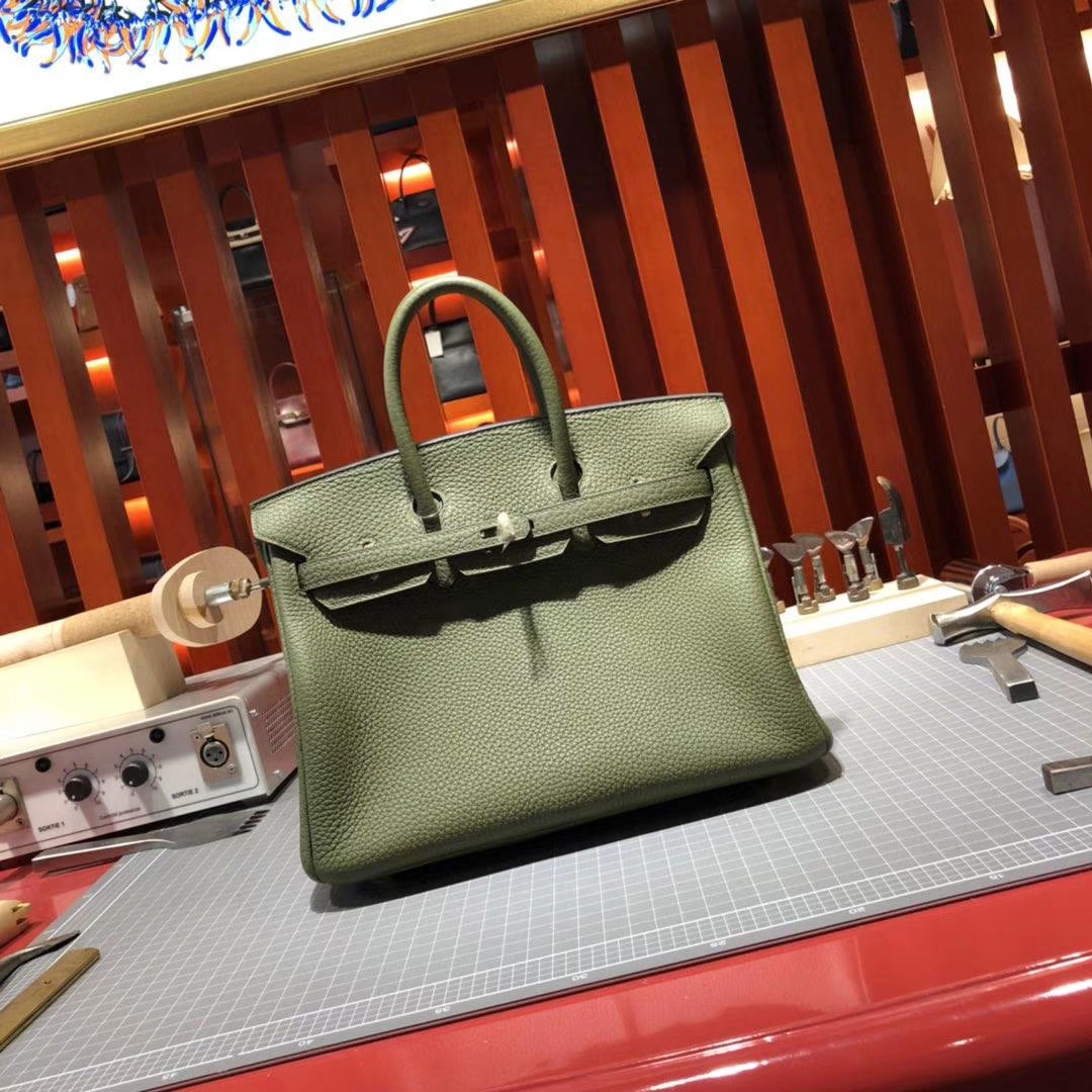 爱马仕Birkin女包 Hermes原厂Togo牛皮铂金包25CM V6丛林绿 金扣