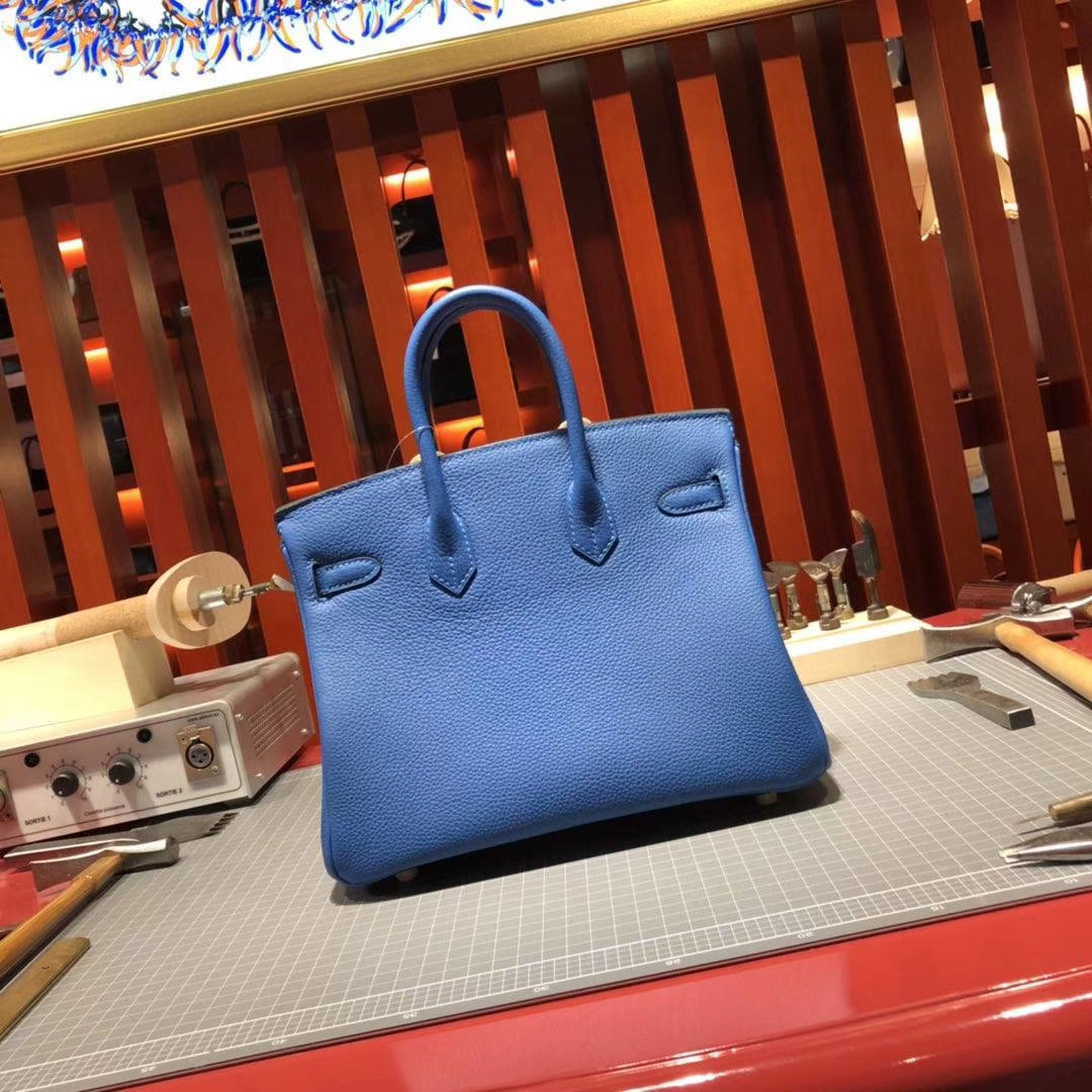 爱马仕经典女包 Hermes Birkin25CM 水妖蓝T7荔枝纹牛皮铂金包 银扣