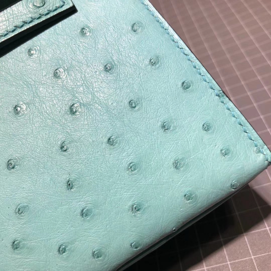 顶级工艺 Hermes爱马仕原厂鸵鸟皮Minikelly迷你凯莉包22cm 3P马卡龙蓝 金扣