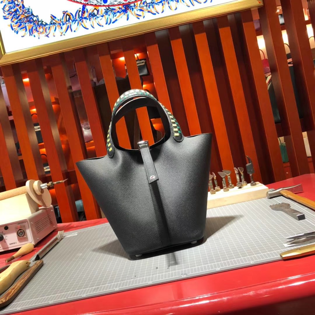 爱马仕限量版编织手柄菜篮子包 Hermes Picotin18CM 黑色Epsom牛皮